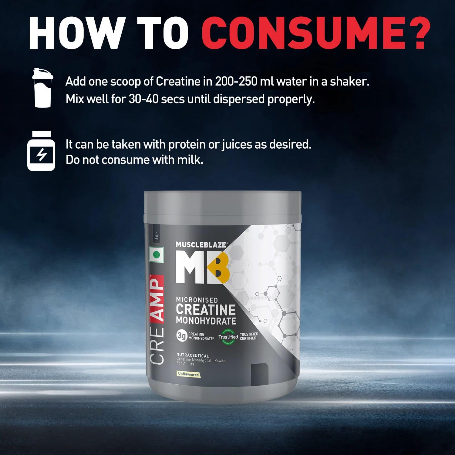 MuscleBlaze Micronised Creatine Monohydrate CreAMP Powder, Unflavoured (32 Servings, 100g) | Trustified Certified Creatine
