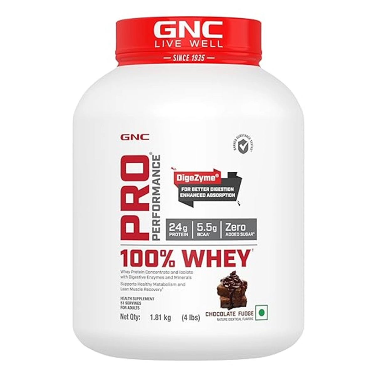 GNC Pro Performance 100% Whey Protein | 4 lbs | Muscle Growth | Muscle Recovery  DigeZyme® For Easy Digestion | Informed Choice Certified | 24g Protein | 5.5g BCAA | Chocolate Supreme